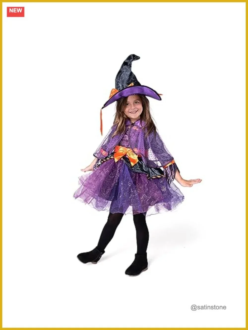 Kids Witch Costume Set with Hat Dress Cape Belt Broom - Halloween